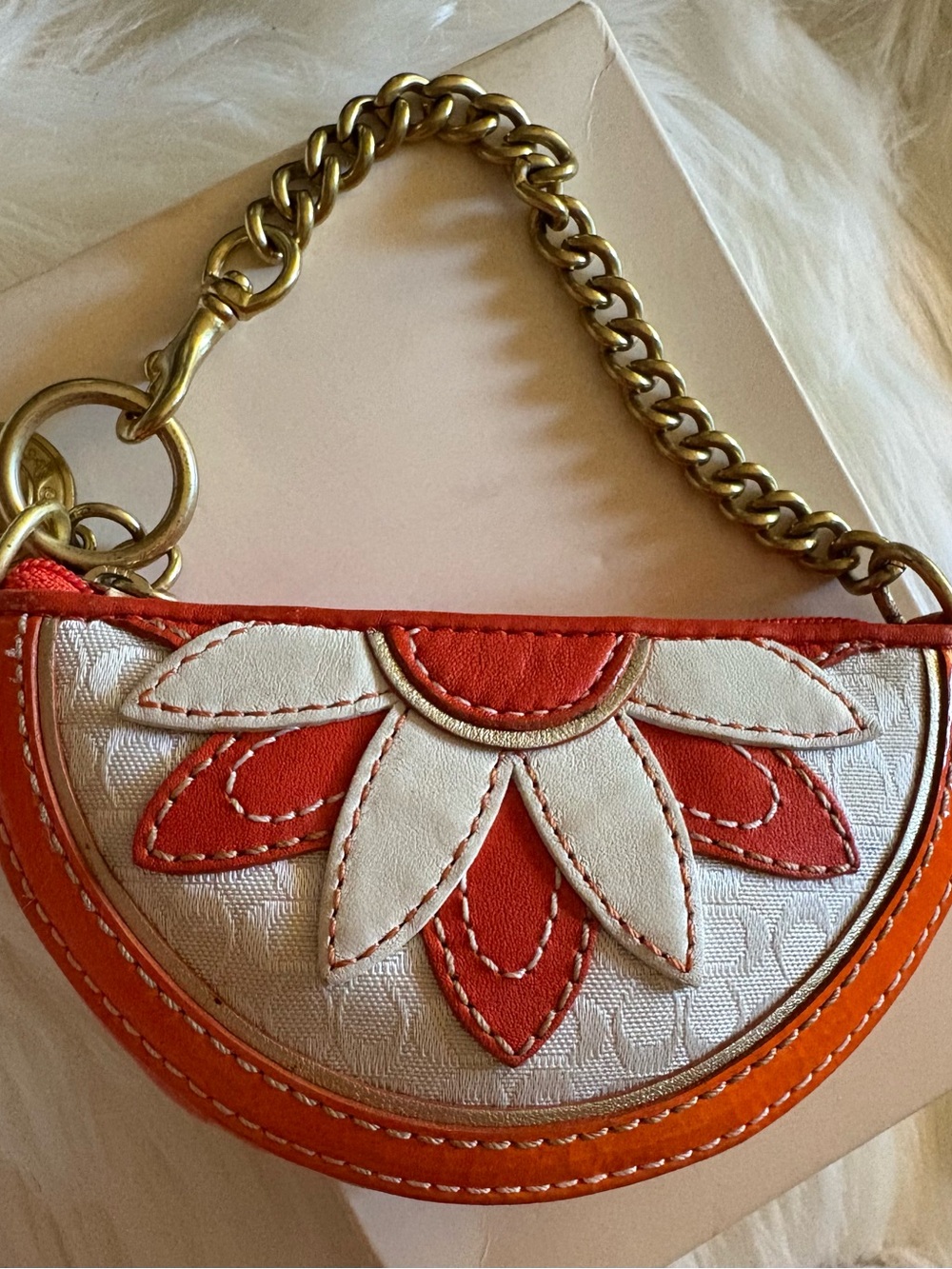Y2K COACH VINTAGE HALF MOON LEATHER ORANGE FRUIT SLICE FLOWER WRISTLET KEYCHAIN - Picture 15 of 15